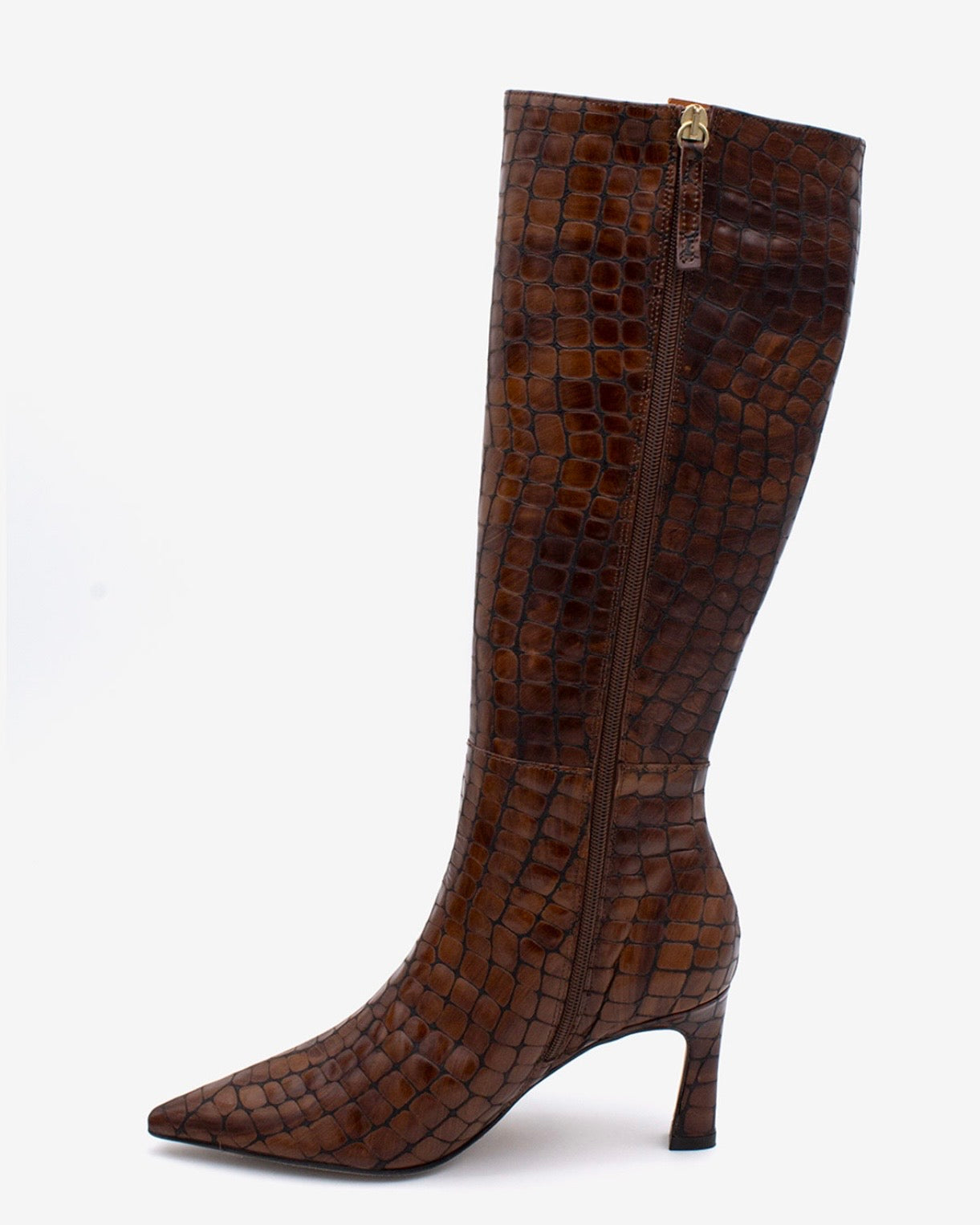 Hnědé vysoké krokodýlí boty na podpatku