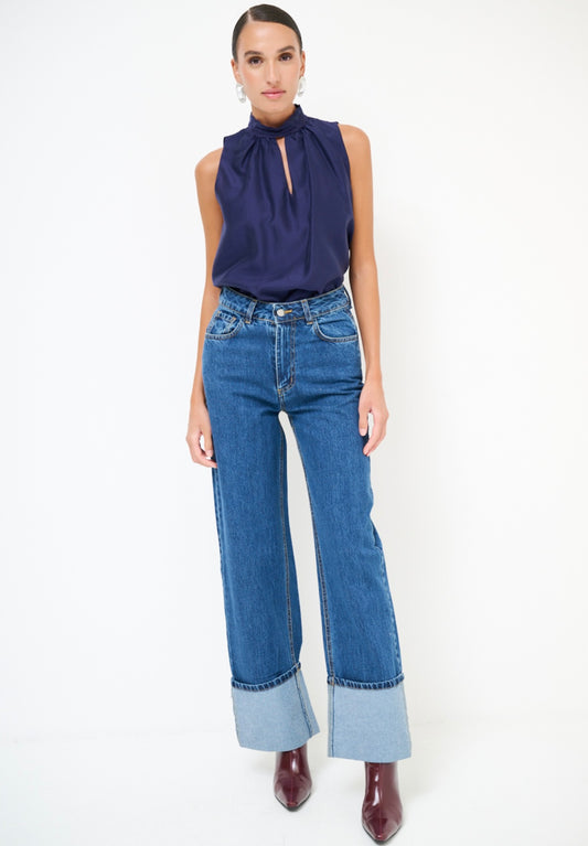 Modré džíny s vysokým lemem