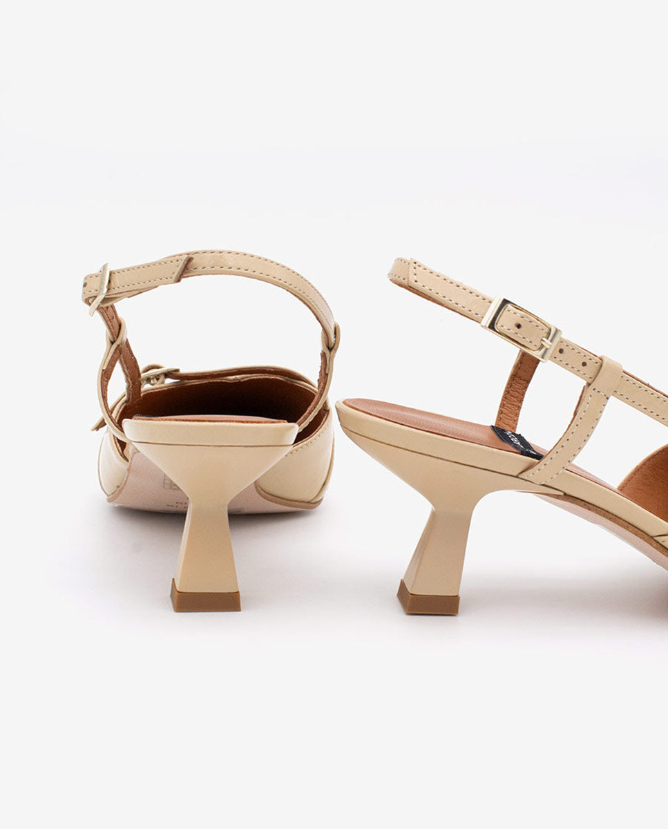 Béžové kožené boty na nízkém podpatku s otevřenou patou