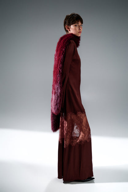 Vínové viskózové dlouhé šaty s krajkou