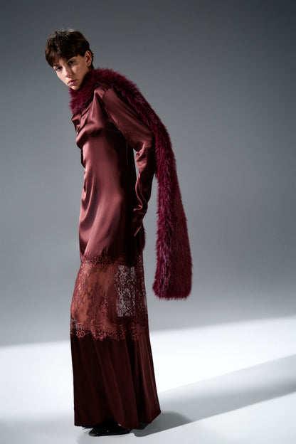 Vínové viskózové dlouhé šaty s krajkou