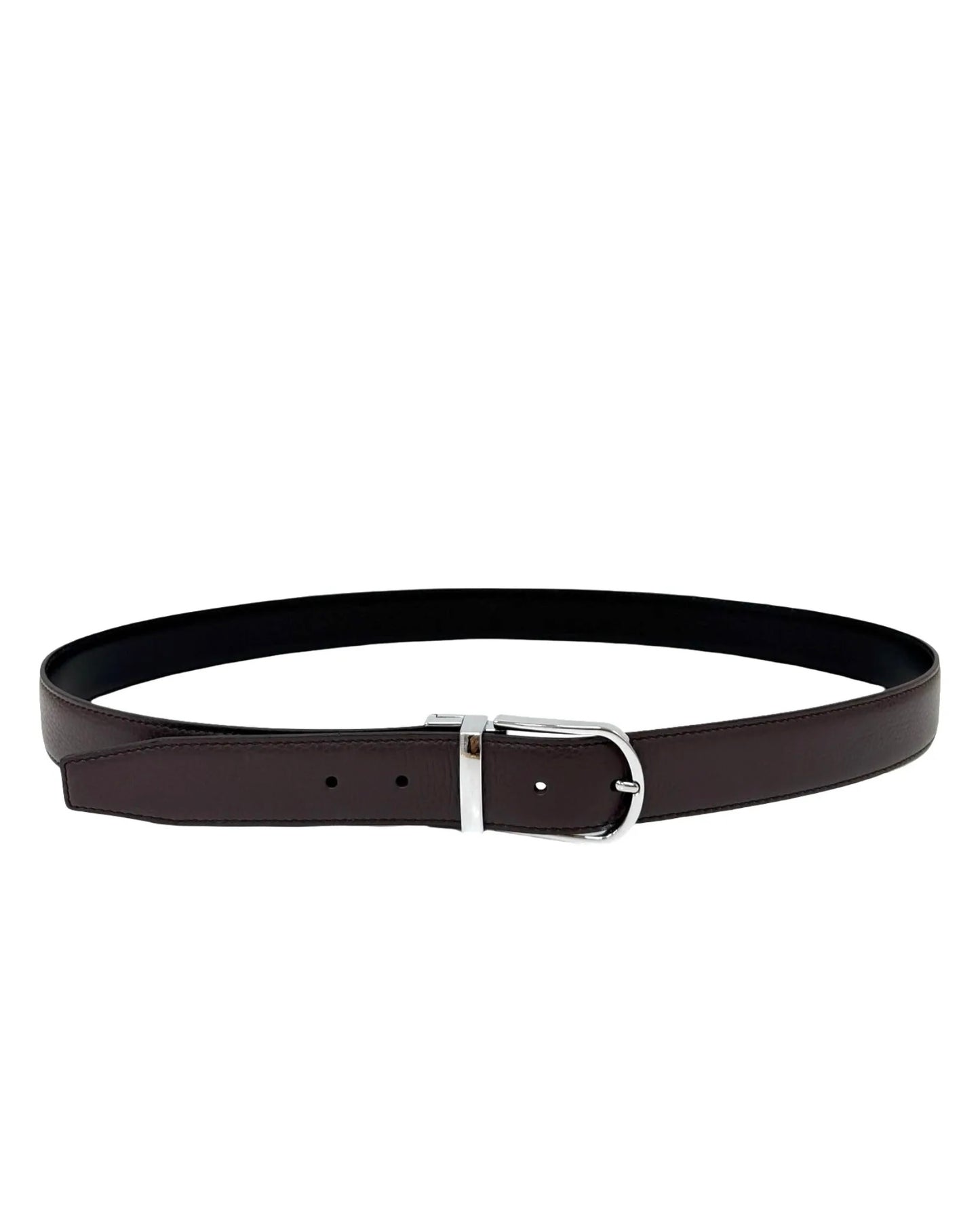 Kožený oboustranný hnědý pásek se stříbrnou sponou