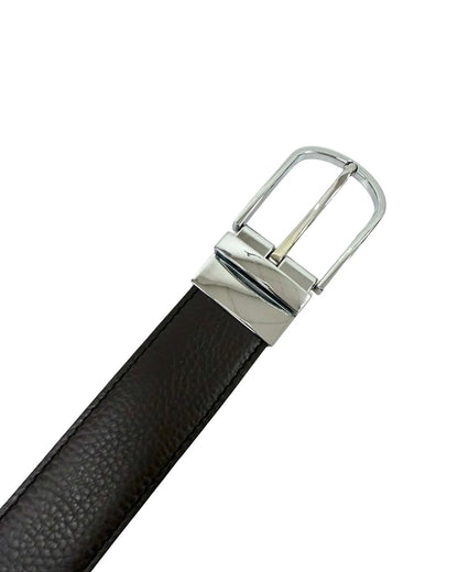 Kožený oboustranný hnědý pásek se stříbrnou sponou