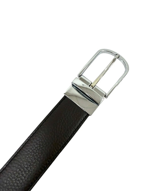 Kožený oboustranný hnědý pásek se stříbrnou sponou