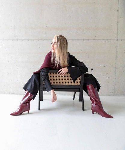 Bordó sloupové kozačky na rovném podpatku do špičky