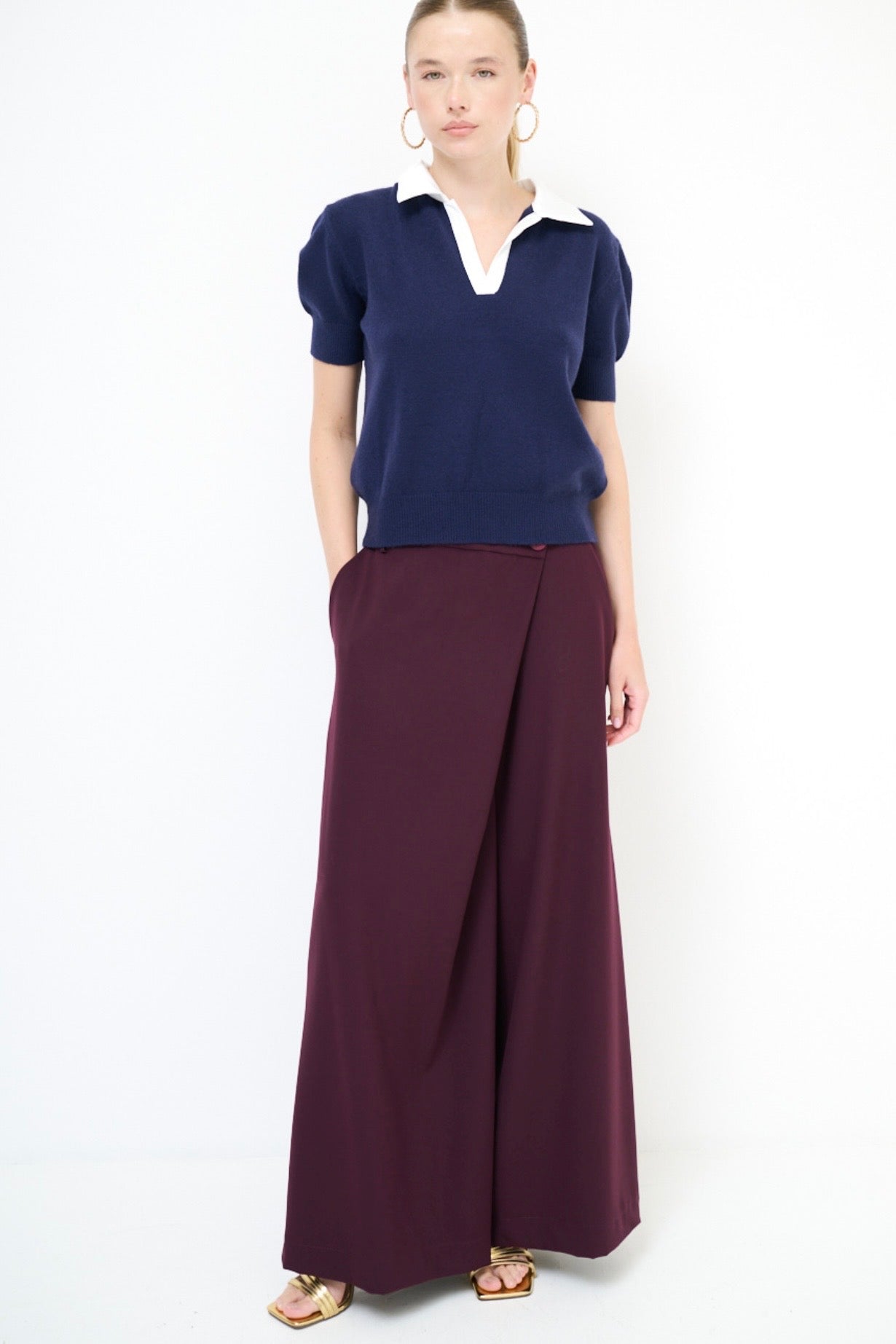 Vínové široké kalhoty