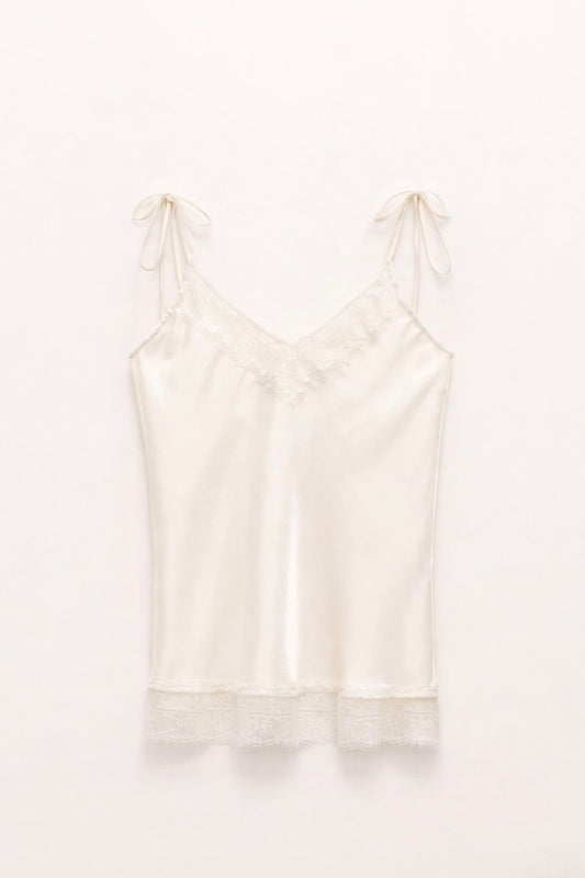 Krémové saténové tílko s krajkou