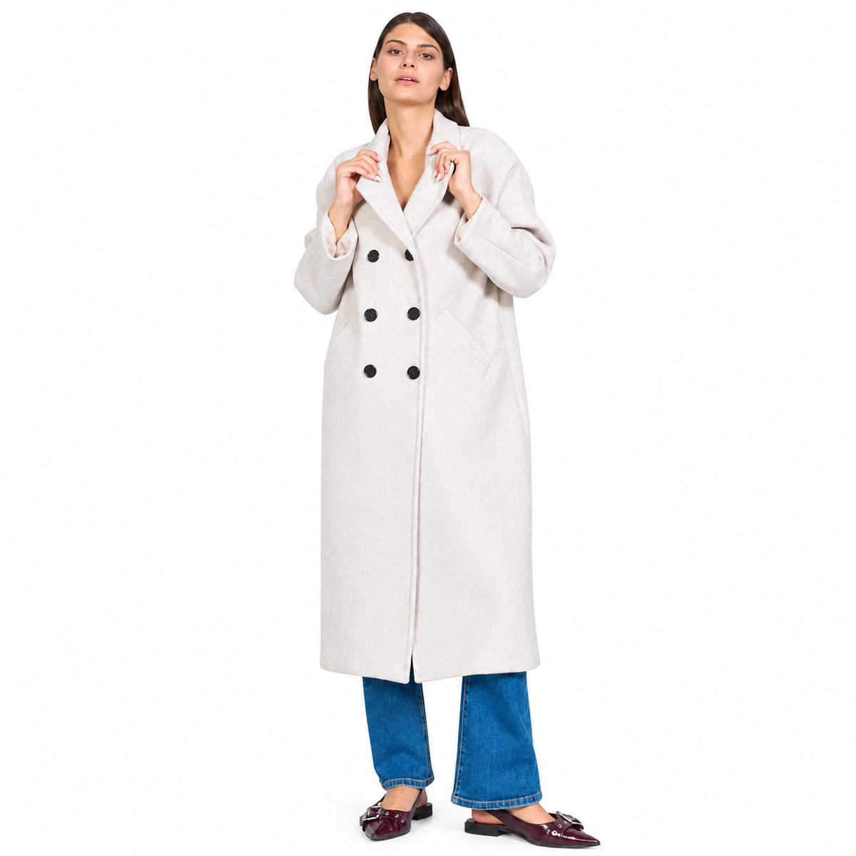 Béžový oversized dvouřadý dlouhý kabát