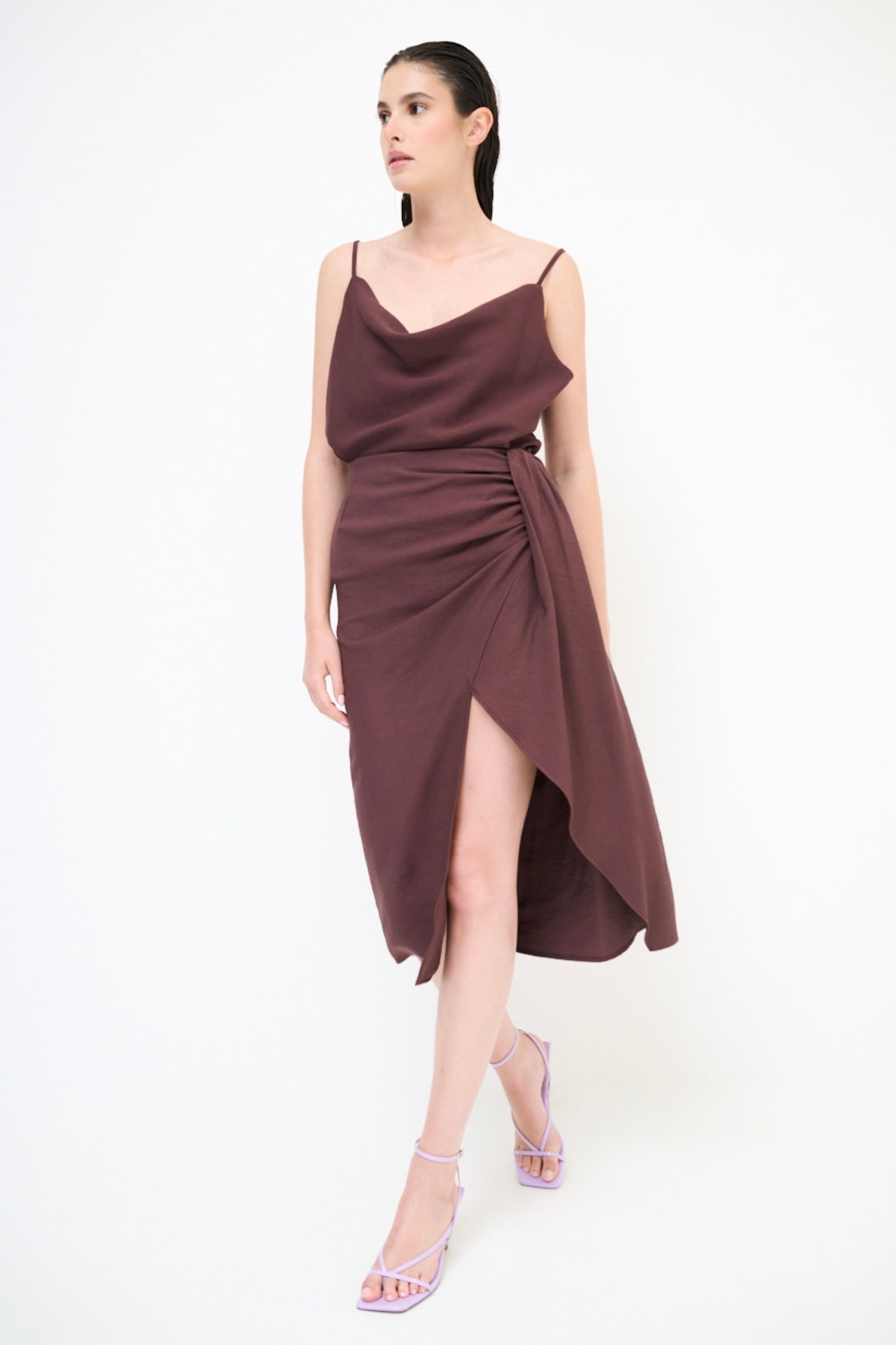 Lilková viskózová sukně s rozparkem