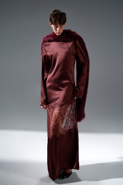 Vínové viskózové dlouhé šaty s krajkou