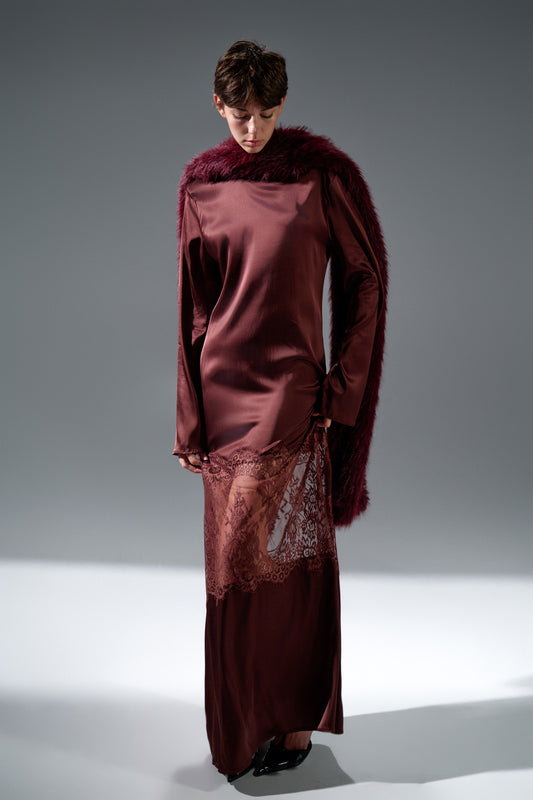 Vínové viskózové dlouhé šaty s krajkou