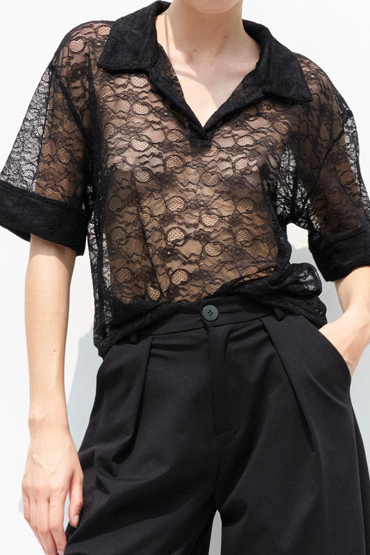 Krajkový černý polo top