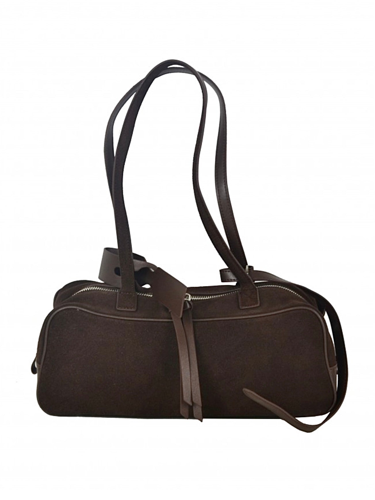 Hnědá podlouhlá kabelka na rameno z broušené kůže