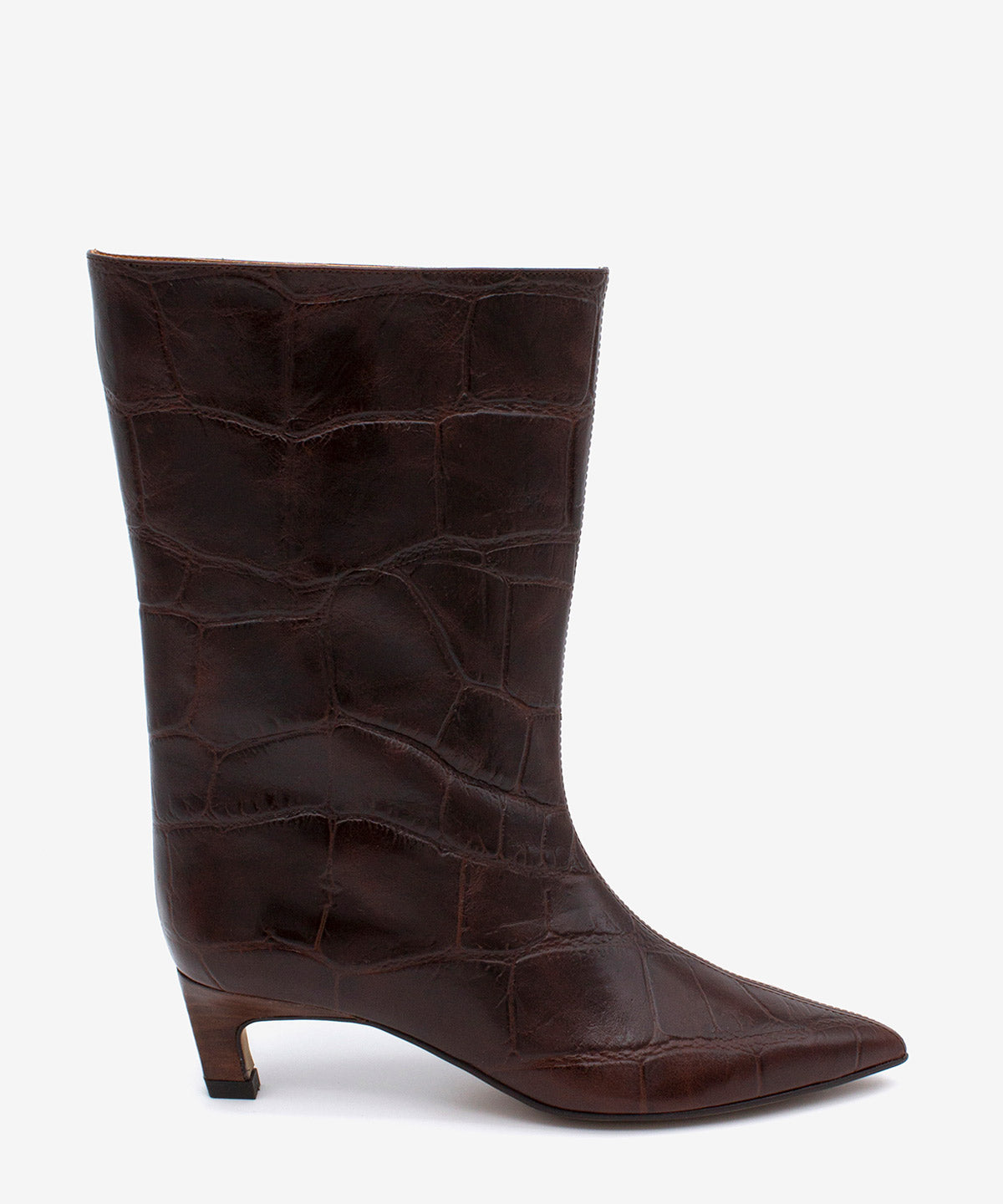 Kotníkové kaštanové široké kozačky s krokodýlím reliéfem