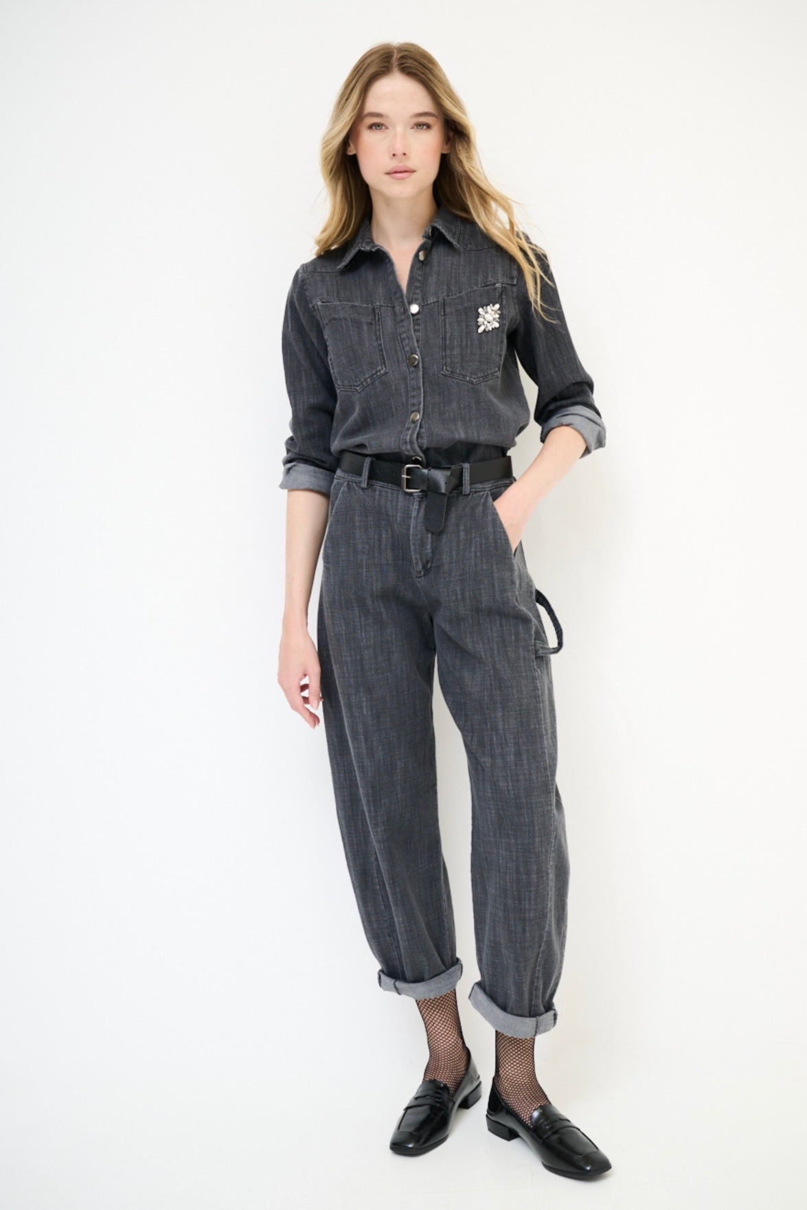 Šedá denimová košilová bundička