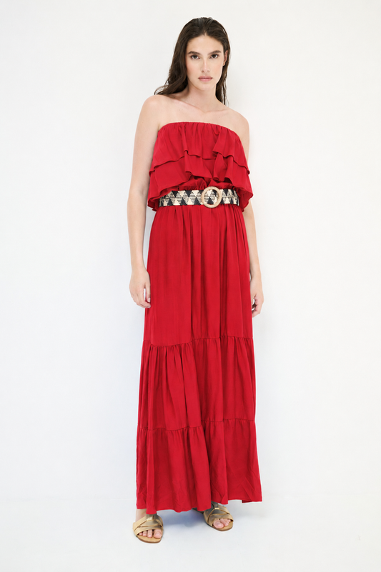Červené viskózové šaty z ramen