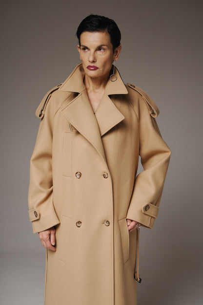 Béžový vlněný dlouhý oversized kabát – foto 7