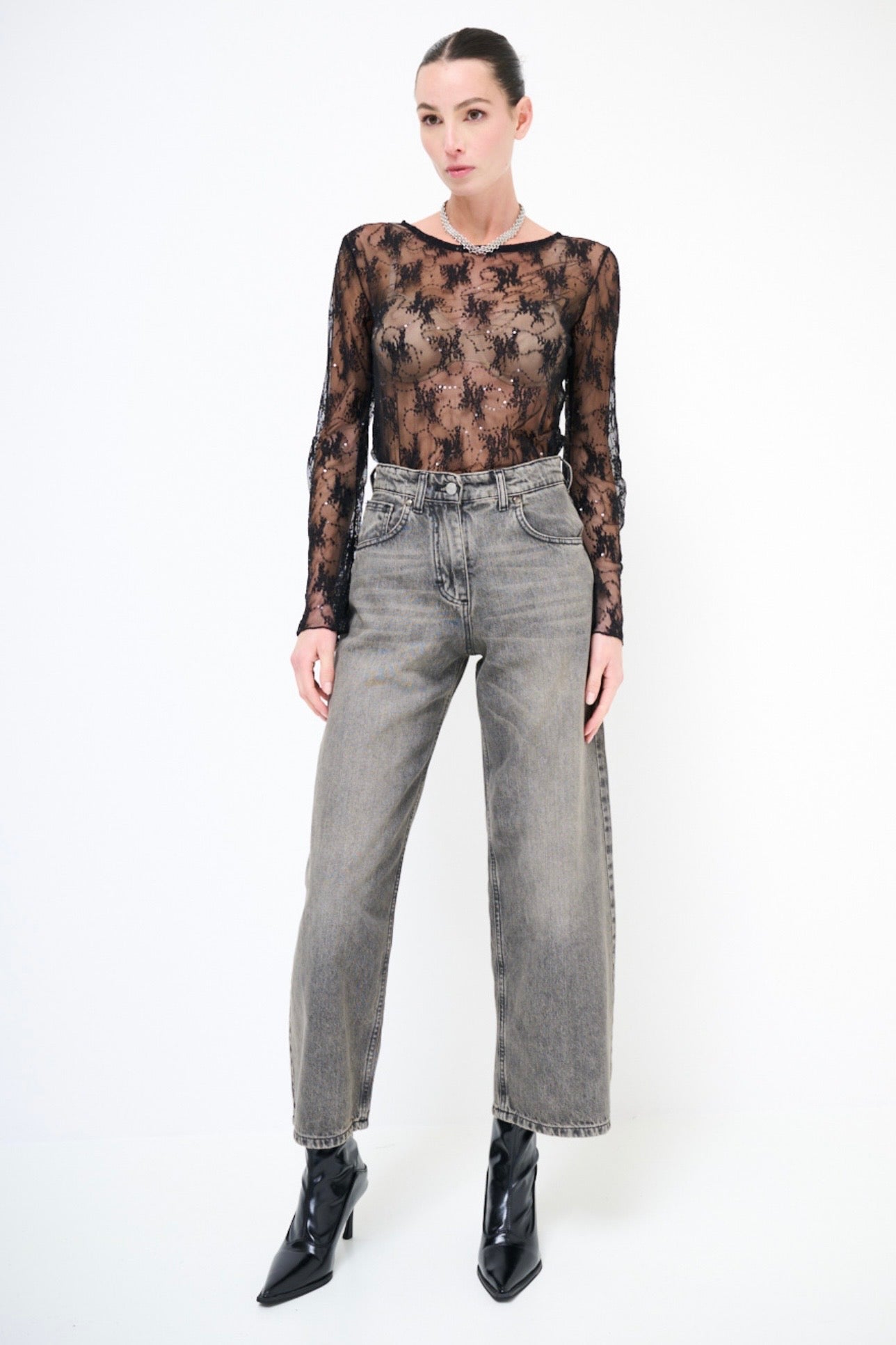 Šedé cullotes džíny s vysokým pasem