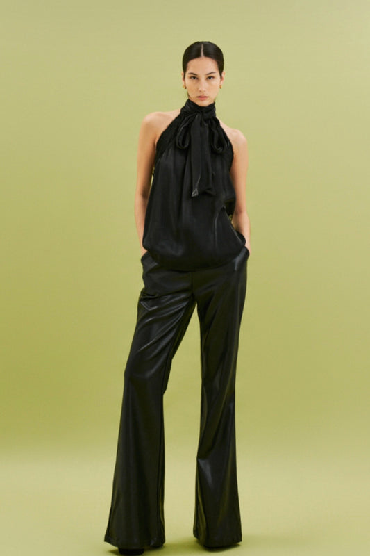 Černé flared kalhoty z eko kůže