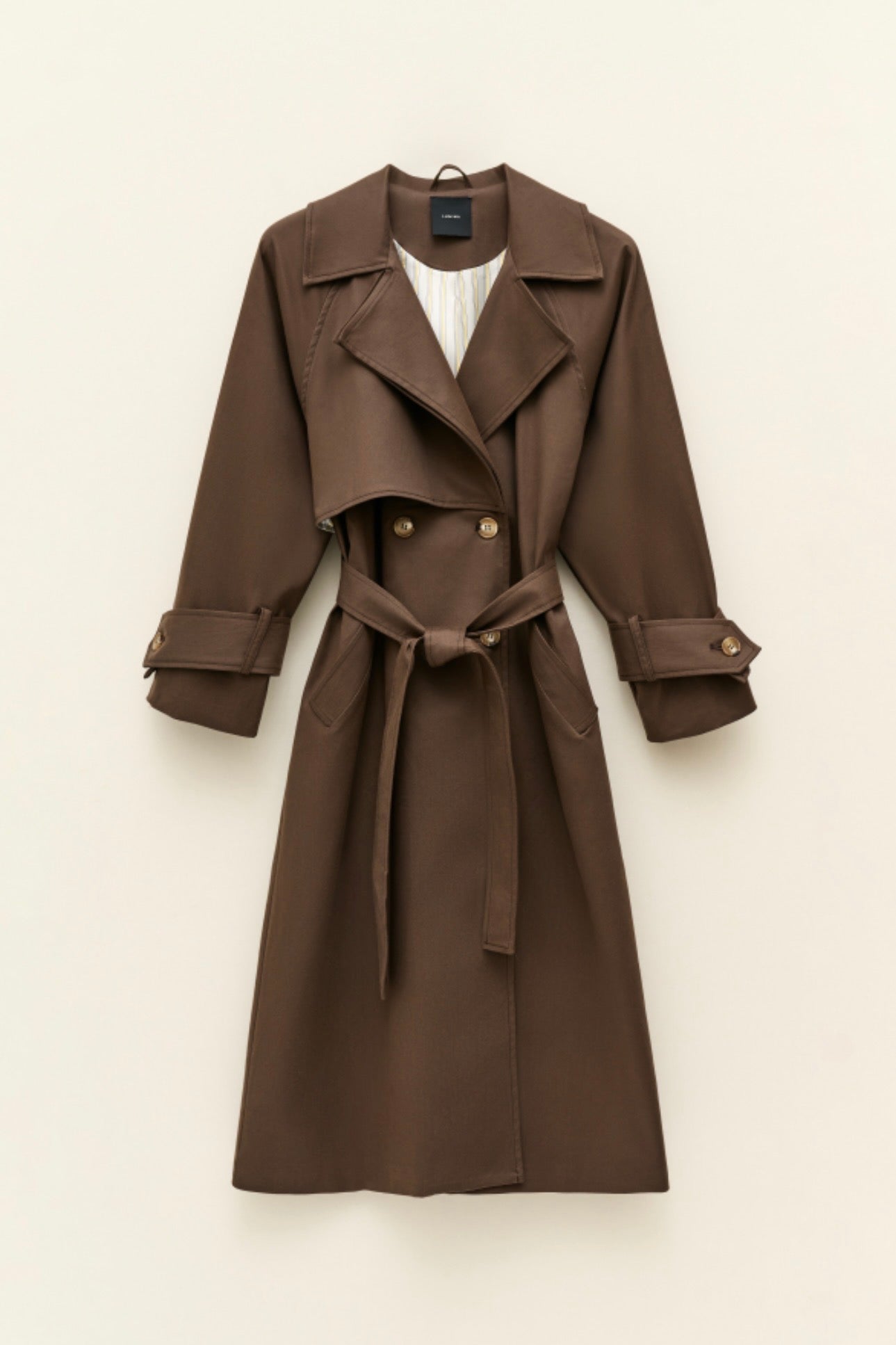Dlouhý hnědý bavlněný trenčkot s vázáním