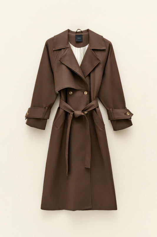 Dlouhý hnědý bavlněný trenčkot s vázáním