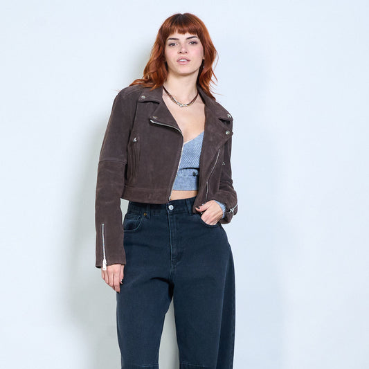 Hnědá bunda z pravé broušené kůže