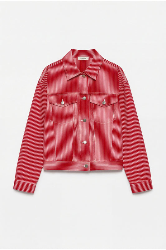 Červená pruhovaná denimová bunda