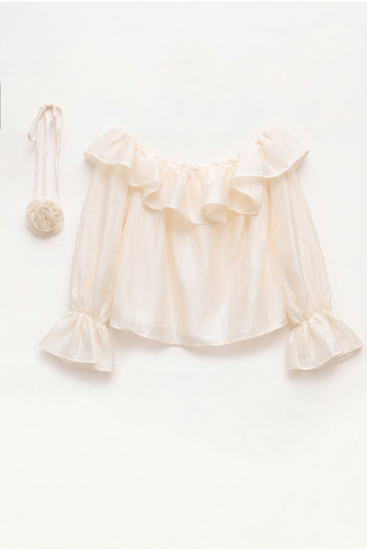 Krémová saténová halenka z ramen