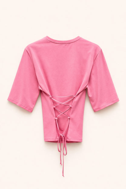 Růžové tričko s krátkým rukávem na zavazování