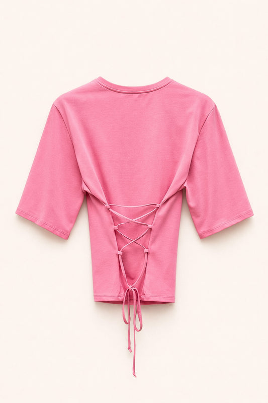 Růžové tričko s krátkým rukávem na zavazování