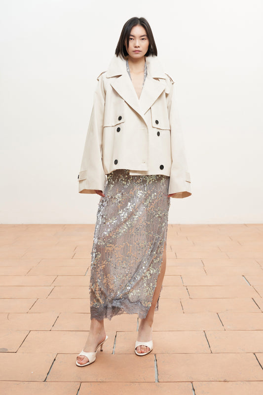 Krátký krémový bavlněný trenčkot