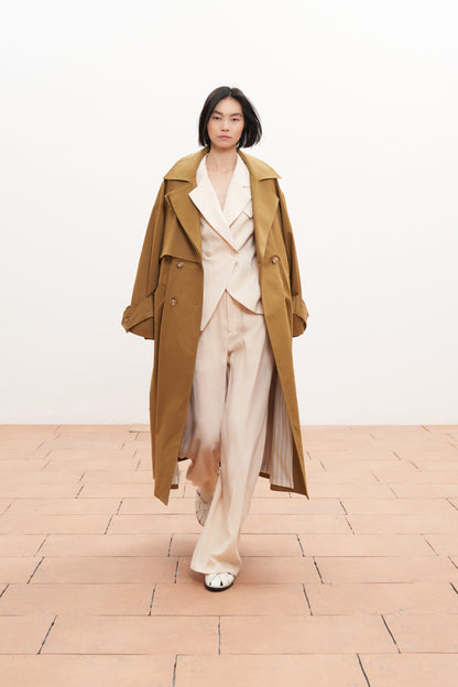 Dlouhý béžový bavlněný trenčkot s vázáním