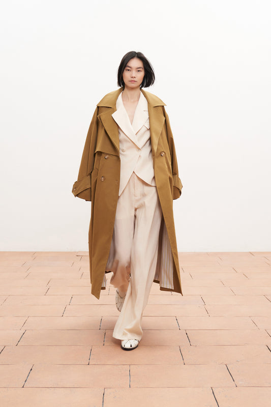 Dlouhý béžový bavlněný trenčkot s vázáním