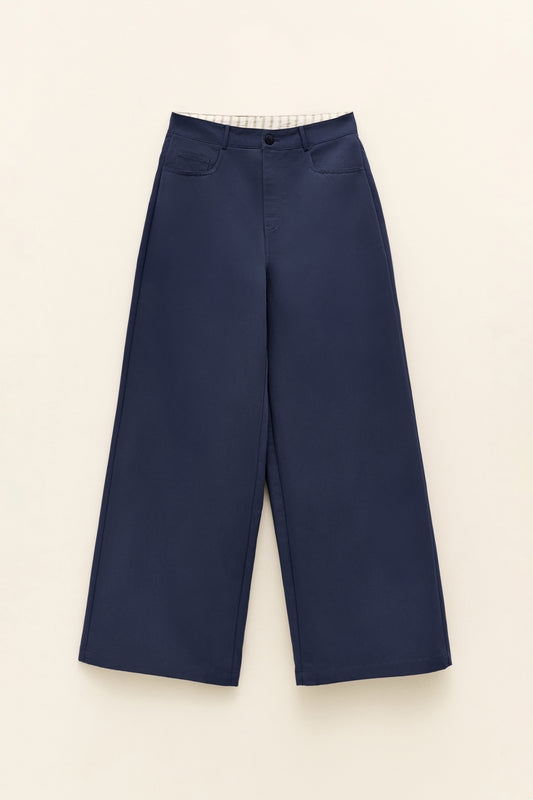 Modré kalhoty s vysokým pasem